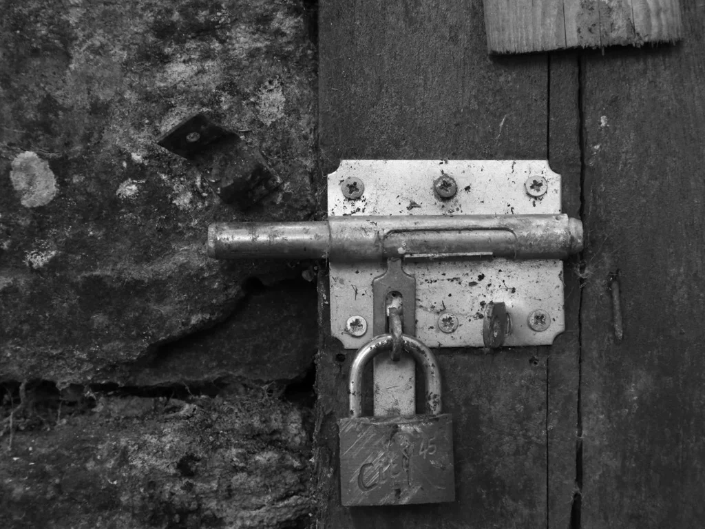 Black and white close-up of a padlock on a wooden door latch